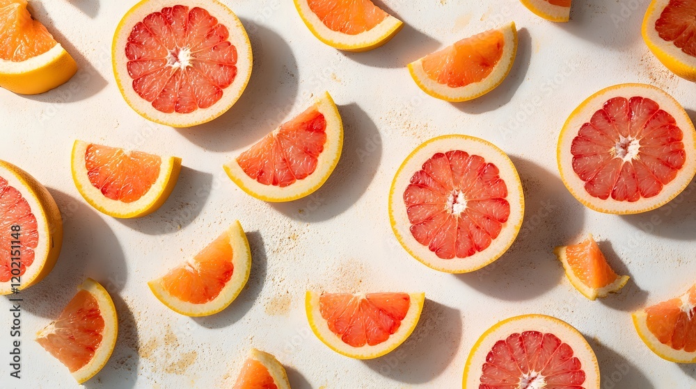 Fresh Grapefruit Halves and Slices Arranged on White Background Fresh Grapefruit Halves and Slices Arranged on White Background