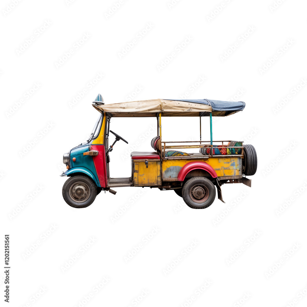 Fototapeta premium Colorful Tuk-Tuk: A vibrant yellow, red, and blue tuk-tuk, a three-wheeled motorcycle taxi common in Southeast Asia, stands ready for its next adventure.