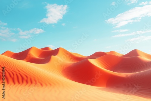 Serene Orange Sand Dunes Under a Clear Blue Sky with Soft Clouds in a Tranquil Desert Landscape photo