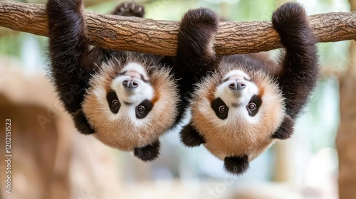 Playful panda cubs hang upside down from a branch in a lush green enclosure