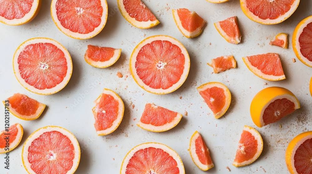 Grapefruit halves and segments arranged on a surface Grapefruit halves and segments arranged on a surface
