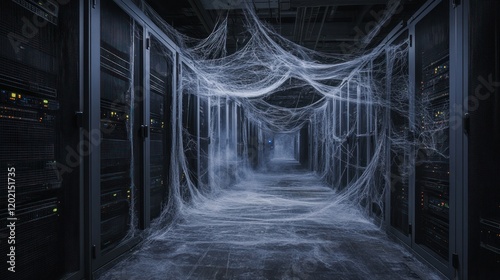 Abandoned server room covered in cobwebs.
