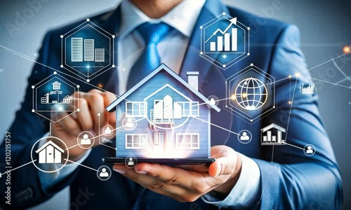 Real estate investment concept. Man touch virtual house icon for analyzing mortgage loan home and insurance real property mortgage. Investment planning, business real estate  animation video