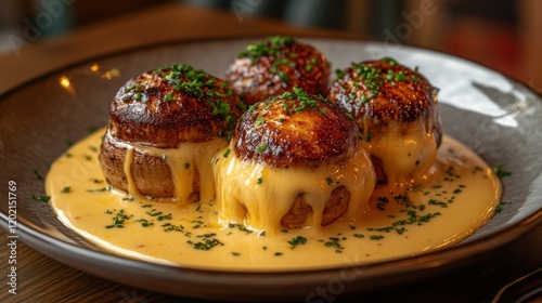 Stuffed mushrooms, cheese sauce, restaurant, wood table, food photography photo