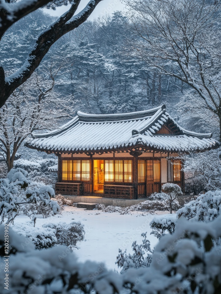 Korean traditional house surrounded by serene snowy landscape at dusk in winter. Generative AI Korean traditional house surrounded by serene snowy landscape at dusk in winter. Generative AI