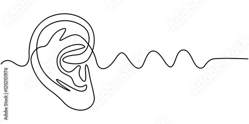 Continuous one line drawing of human ear with sound waves. One line drawing illustration of human ear. Parts of body concept one line. Editable outline, Continuous one line drawing of human ear.