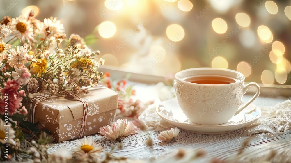 cup of tea gift and flowers. Selective focus cup of tea gift and flowers. Selective focus