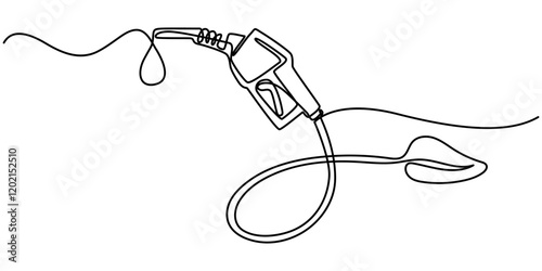 Hose nozzle with leaf icon symbol of eco bio diesel biofuel continuous one line drawing, Green Fuel handle pump nozzle and hose with green leaves, Bio diesel biofuel car leaf drop nozzle hose symbol