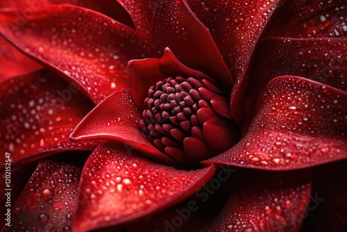 Rich crimson flower with intricate petals glistening from drople photo