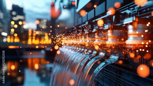 stunning 3D night scene of hydroelectric facility with flowing water, illuminated by vibrant lights, creating mesmerizing atmosphere
