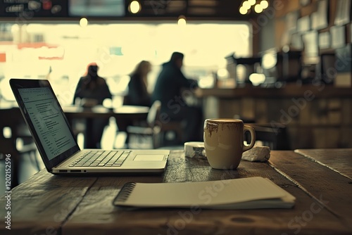 Cozy cafe scene featuring laptop, coffee cup, and notebook on wo photo