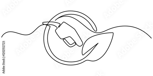 Hose nozzle with leaf icon symbol of eco bio diesel biofuel continuous one line drawing, Green Fuel handle pump nozzle and hose with green leaves, Bio diesel biofuel car leaf drop nozzle hose symbol