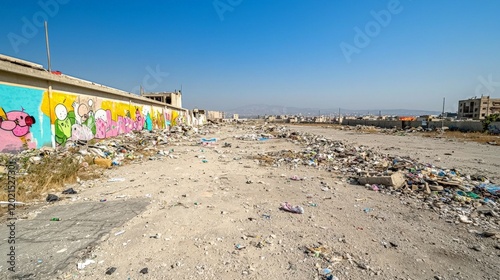 Raising Awareness: Land Pollution and Its Impact, A barren landscape with a colorful mural amidst scattered waste and debris under a clear blue sky.