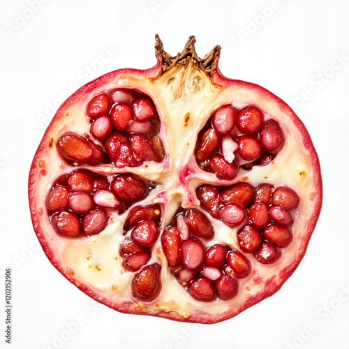 Vibrant pomegranate seeds displayed on white background, natural beauty