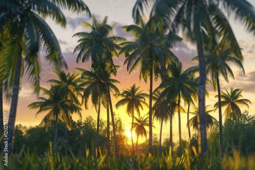 Pixel Perfect Picture of Coconut Palm Tree Plantation in Sunset Cottages Gorontalo Province photo