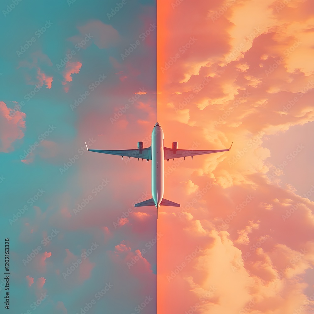 Naklejka premium High powered aerial journey as a commercial airliner silhouetted against the fading evening light climbs steadily into the atmospheric skies capturing the energy and excitement of air travel