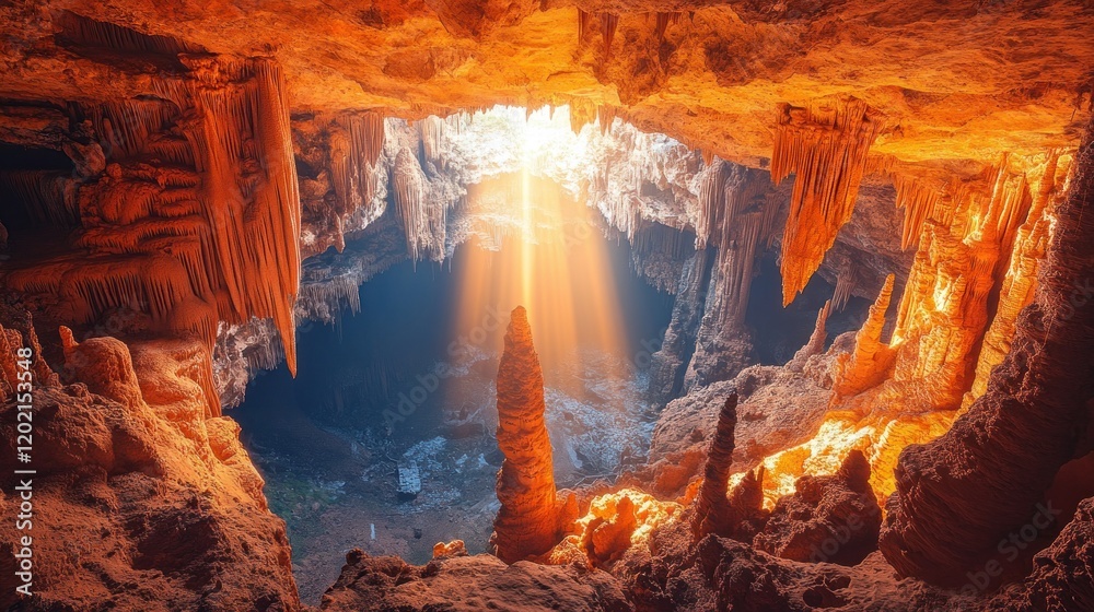 Fototapeta premium Sunbeam illuminates cave's stalagmites, showcasing subterranean beauty for travel brochures