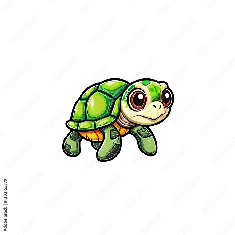 Fototapeta premium Tiny Turtle Charm: A captivating illustration of a baby sea turtle, depicted in a charming cartoon style with large, expressive eyes and a green shell.