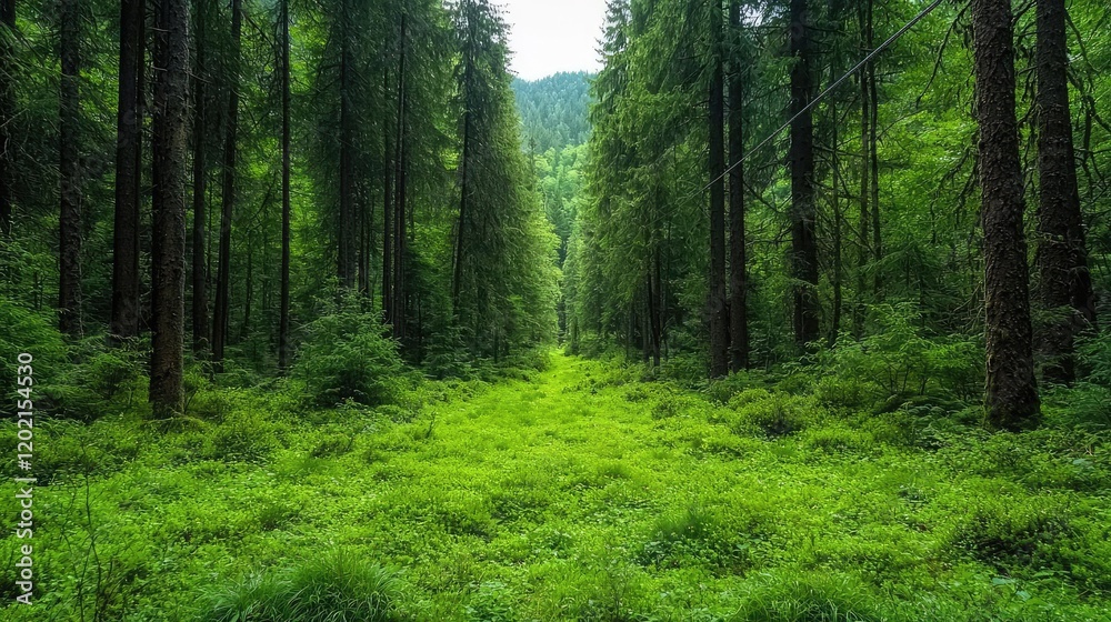 Obraz premium Lush green forest path, nature trail, mountain backdrop, tranquility