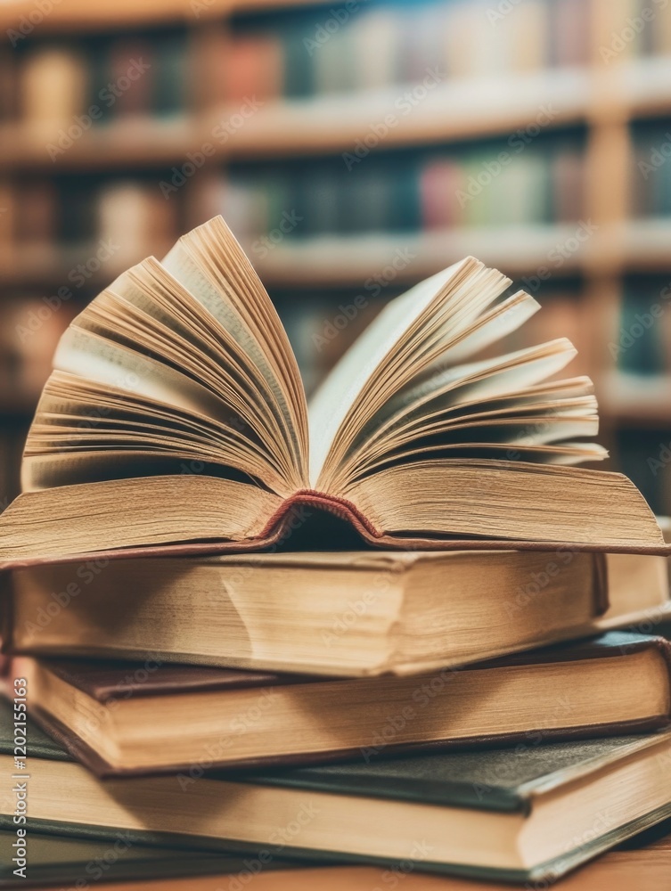Fototapeta premium Stacked books on wooden table