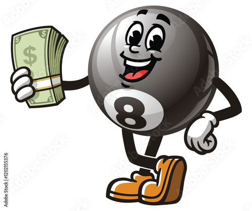 Billiard Ball holding cash,       Cartoon Character Mascot Illustration Vector Clip-art Hand-drawn Logo Design