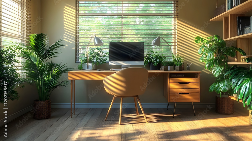 Fototapeta premium Stylish home office featuring a desk, computer, and lush plants in a sunny room