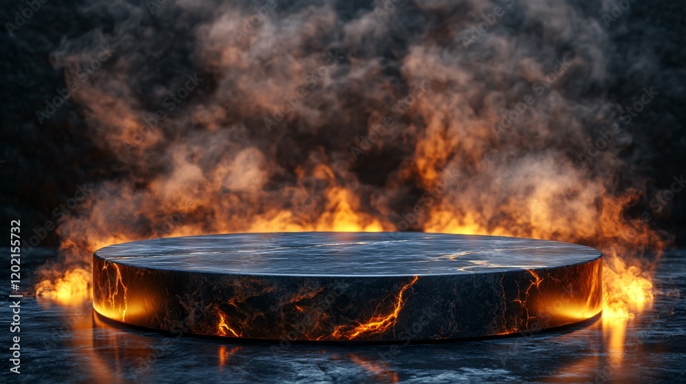 Marble podium in fire and smoke Marble podium in fire and smoke