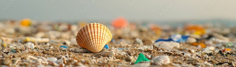 Raising Awareness: Land Pollution and Its Impact, Shell on sandy beach with scattered debris in the background, evoking a sense of nature's beauty and pollution. Raising Awareness: Land Pollution and Its Impact, Shell on sandy beach with scattered debris in the background, evoking a sense of nature's beauty and pollution.