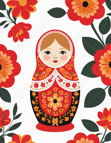 Decorative Russian Matryoshka Doll in Vibrant Floral Design Against Ornamental Pattern