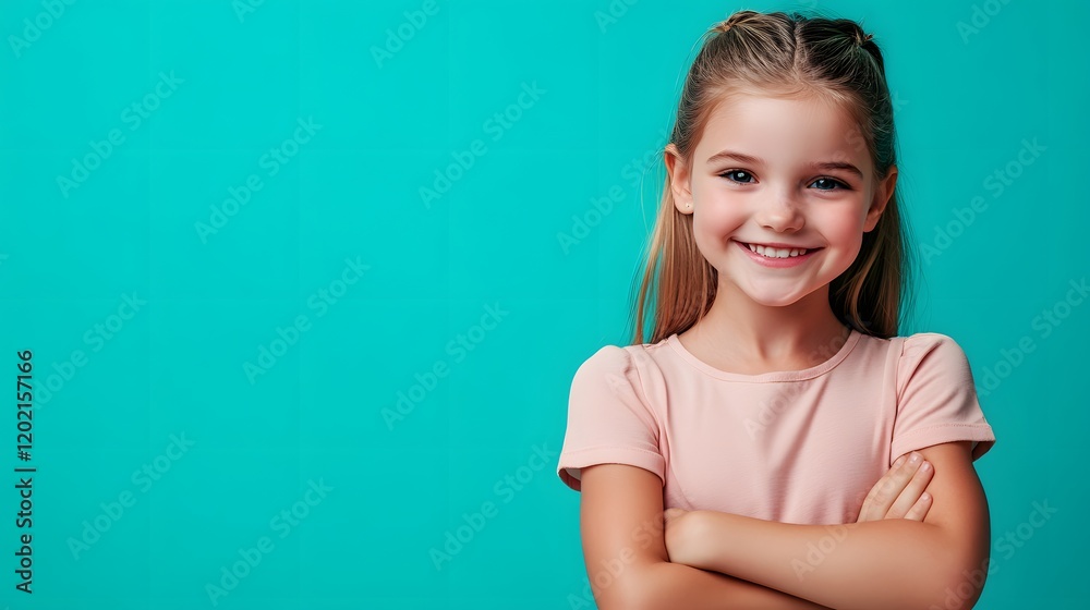 Happy Smiling Girl Posing Against Teal Background Happy Smiling Girl Posing Against Teal Background