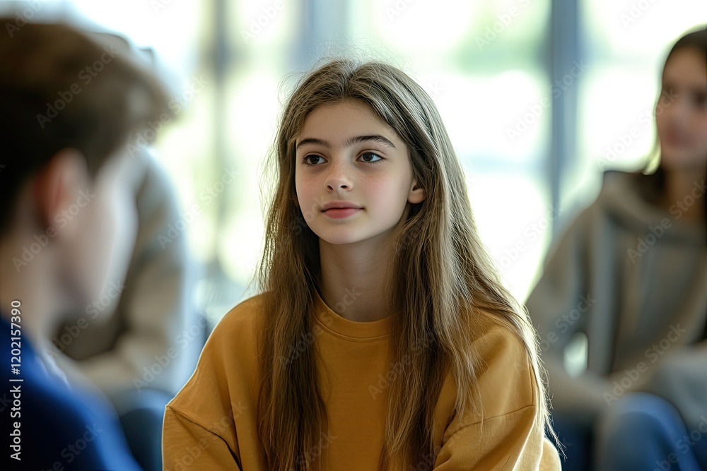 Fototapeta premium Thoughtful girl in yellow sweater engages in conversation, surro