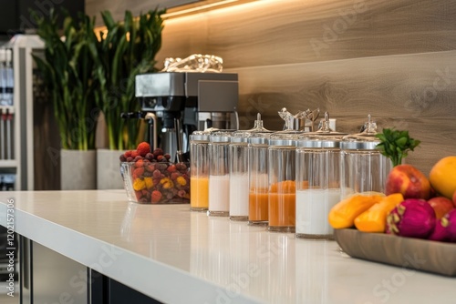 Bright kitchen counter adorned with fresh fruits and colorful ju photo