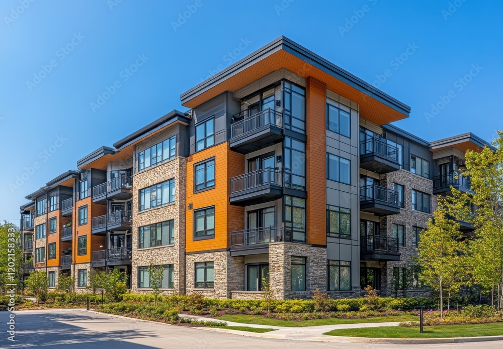 Modern Apartment Building with Unique Architectural Design Surrounded by Greenery and Clear Blue Sky, Showcasing Contemporary Living in Urban Environment Modern Apartment Building with Unique Architectural Design Surrounded by Greenery and Clear Blue Sky, Showcasing Contemporary Living in Urban Environment