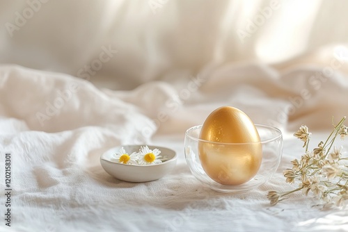 Golden egg rests elegantly beside delicate flowers on soft fabri photo