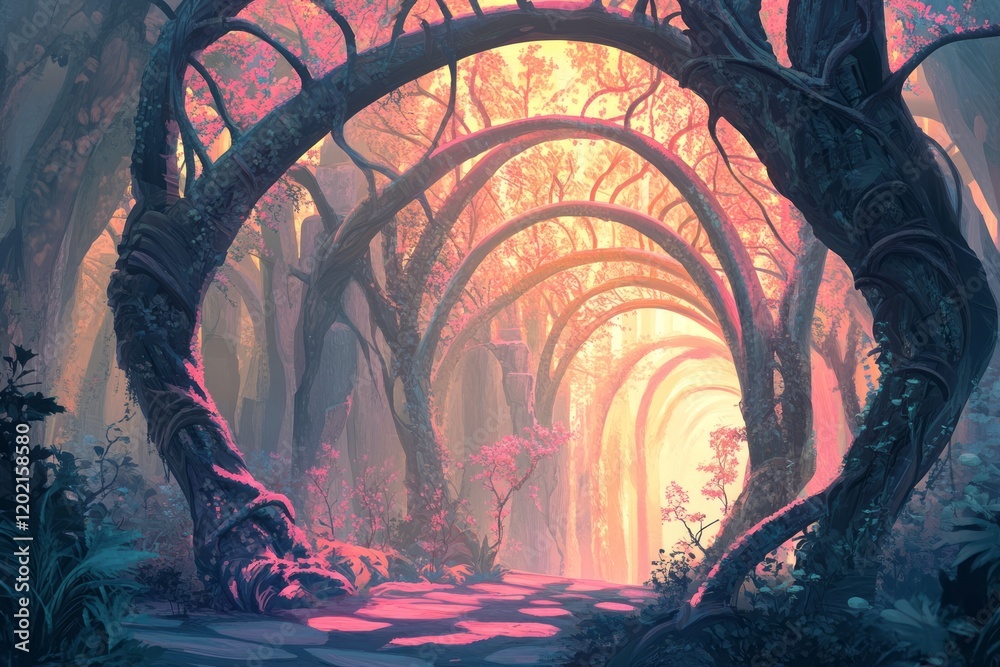 Fototapeta premium Enchanting Forest Path with Arched Trees and Pink Blossoms
