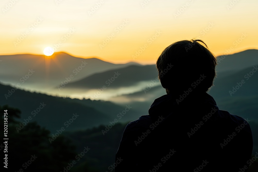 Silhouette of person gazing at sunrise over misty mountains, evo Silhouette of person gazing at sunrise over misty mountains, evo