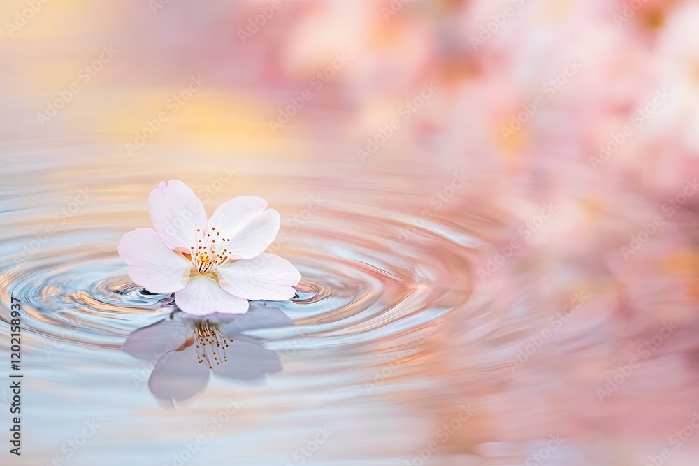 Delicate flower floats on tranquil water, creating gentle ripple Delicate flower floats on tranquil water, creating gentle ripple