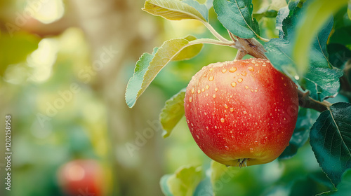 fresh dewy apple on a tree branch perfect for agricultural, health, and organic food content photo