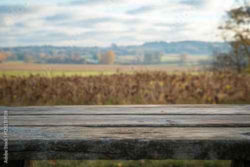 Weathered wooden table against serene farm landscape with blurred background for rustic decor and interior design projects photo