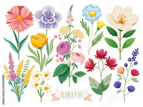 Colorful floral watercolor illustration with vintage botanical print style