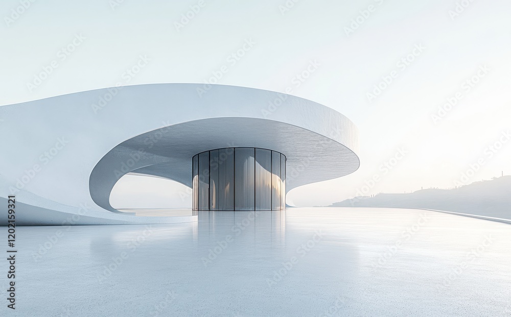Fototapeta premium Modern Architectural Design Featuring an Abstract Curved Structure with a Minimalist Approach and Serene Background at Dawn, Emphasizing Clean Lines and Open Space