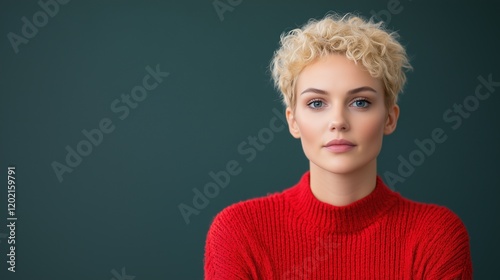 Intersex Individual in Red Sweater Against Green Background Engaging and Sharing Their Personal Story with Poise and Confidence