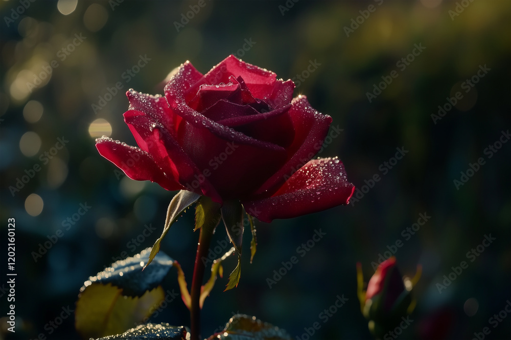 Obraz premium A highly detailed close-up of a vibrant red rose with morning dew drops on the petals