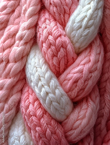 Close-up of intertwined pink and white knitted yarn. Soft texture ideal for backgrounds related to knitting, crafts, fashion, or textiles. photo