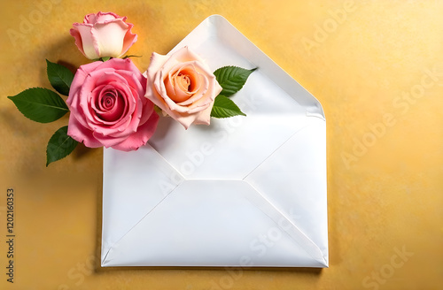 White envelope with space for text, postcard, three roses for congratulations in the envelope, on a beige background.