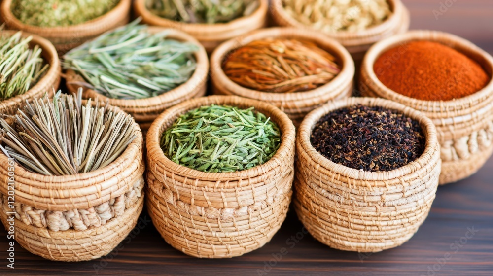 Assortment of dried Native American herbs in woven baskets on a rustic table showcasing sage, sweetgrass, and juniper for traditional use Assortment of dried Native American herbs in woven baskets on a rustic table showcasing sage, sweetgrass, and juniper for traditional use