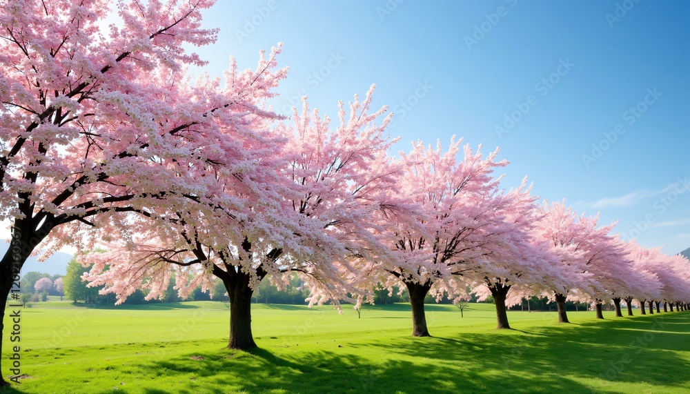 Row of cherry blossom trees in full bloom on sunny day Row of cherry blossom trees in full bloom on sunny day