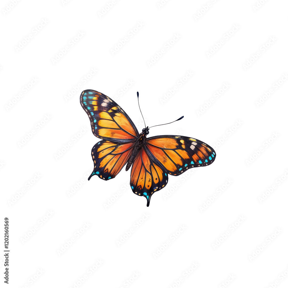 Obraz premium Monarch Butterfly in Flight: A vibrant monarch butterfly with its iconic orange and black wings adorned with delicate blue accents, gracefully takes flight against a clean background.