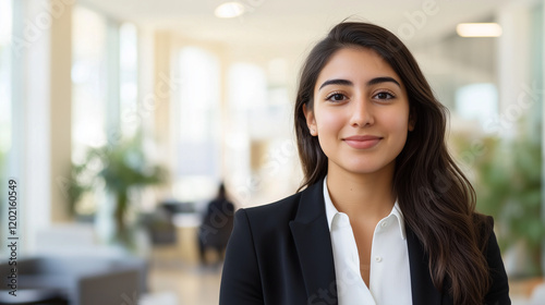 A poised young female professional standing in an elegant office environment, directly engaging the camera with a confident expression. The bright and organized space complements h