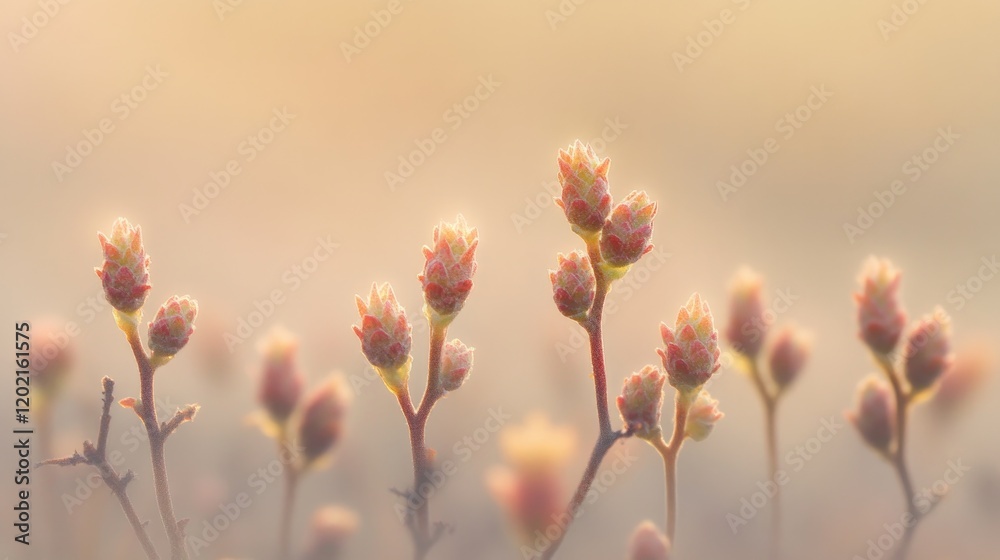Delicate buds softly illuminated, creating serene atmosphere of Delicate buds softly illuminated, creating serene atmosphere of